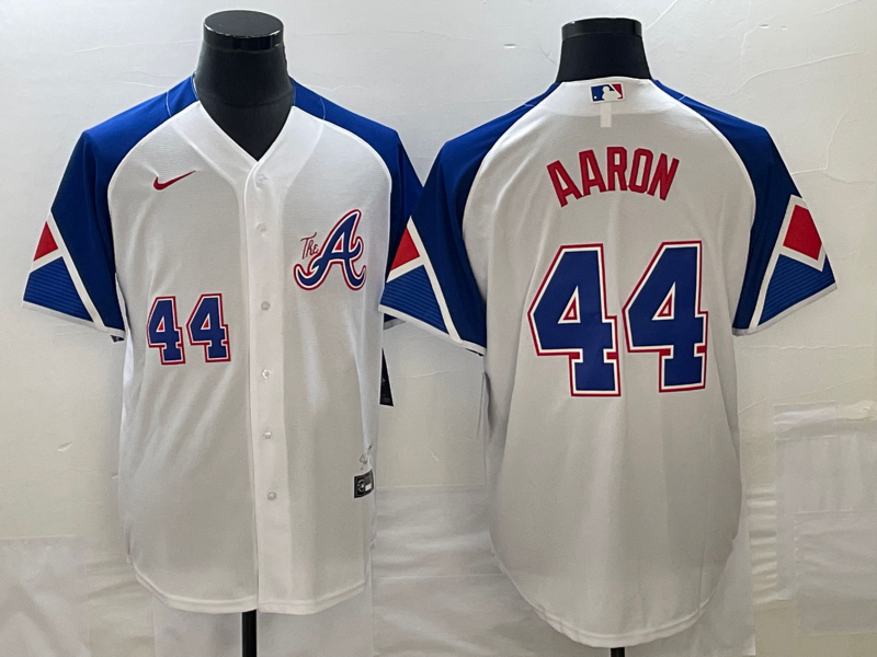 Men's White Atlanta Braves #44 Hank Aaron 2023 City Connect Cool Base With Patch Stitched Baseball Jersey Men's Atlanta Braves #44 Hank Aaron White 2023 City Connect Cool Base With Patch Stitched Baseball Jersey
